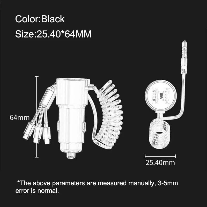 100W Fast Charge Metal Car Charger With Triple Wire Dual USB