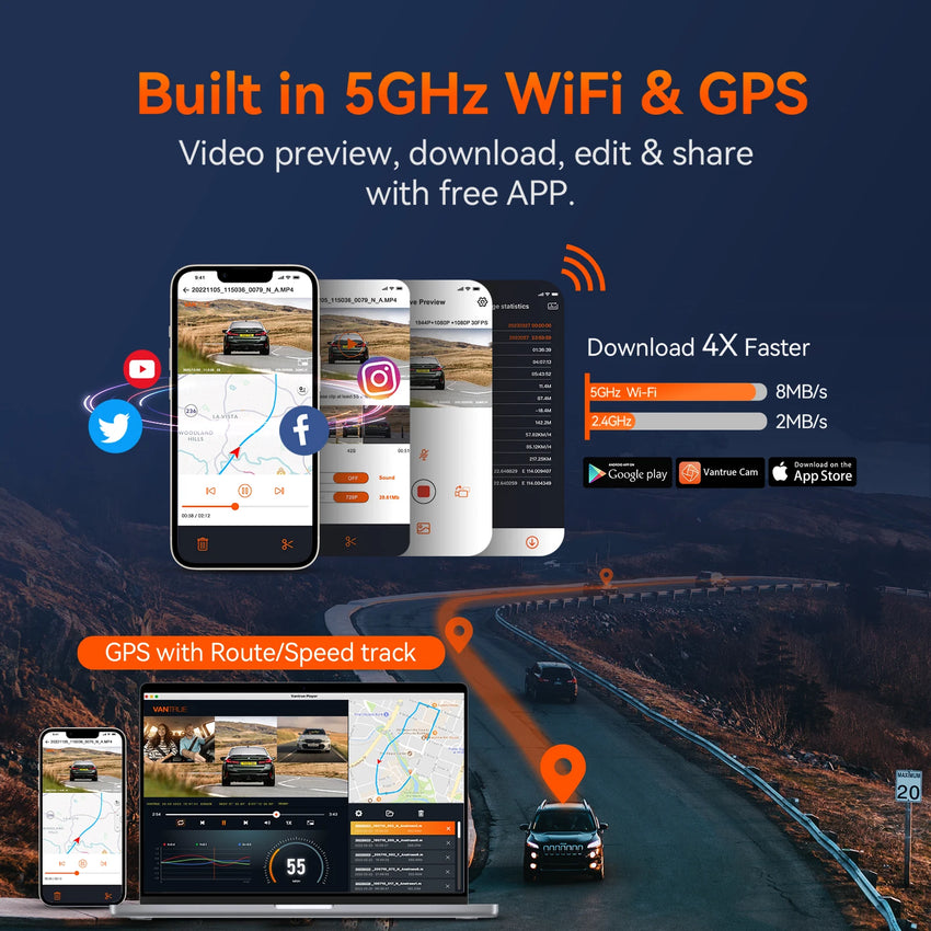 Vantrue E3 DashCam 3 Channel 2.7K WiFi with STARVIS IR Night Vision