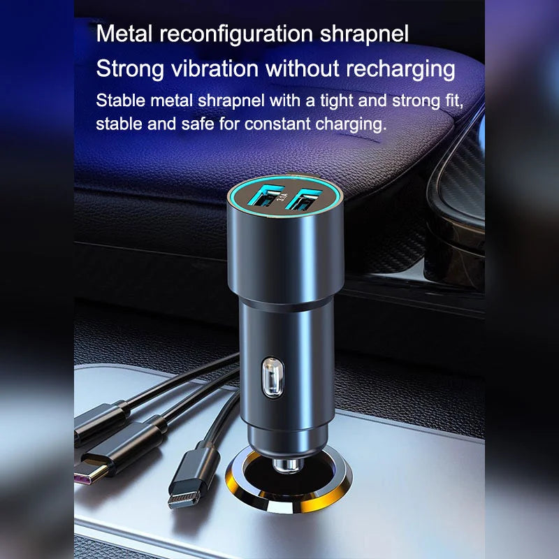 100W Fast Charge Metal Car Charger With Triple Wire Dual USB