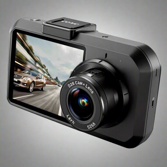 A_sleek_modern_dash_cam_positioned_at_an_angle_showing_a_detailed_lens_and_a_digital_display_screen_The_body_is_matte_black_with_some_glossy_accents_The_resolution_is_800_x_600_pixels