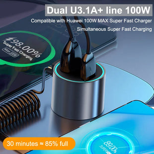 100W Fast Charge Metal Car Charger With Triple Wire Dual USB