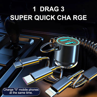 100W Fast Charge Metal Car Charger With Triple Wire Dual USB